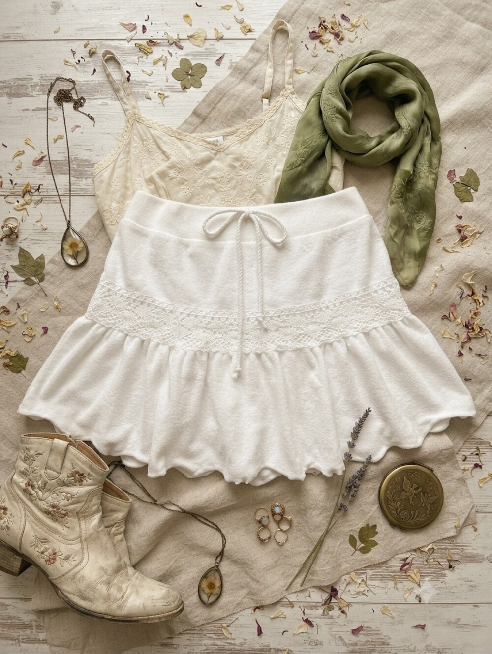 90s Y2K Absolutely White Terry Cloth Crochet Lace Drawstring Waist Mini Skirt